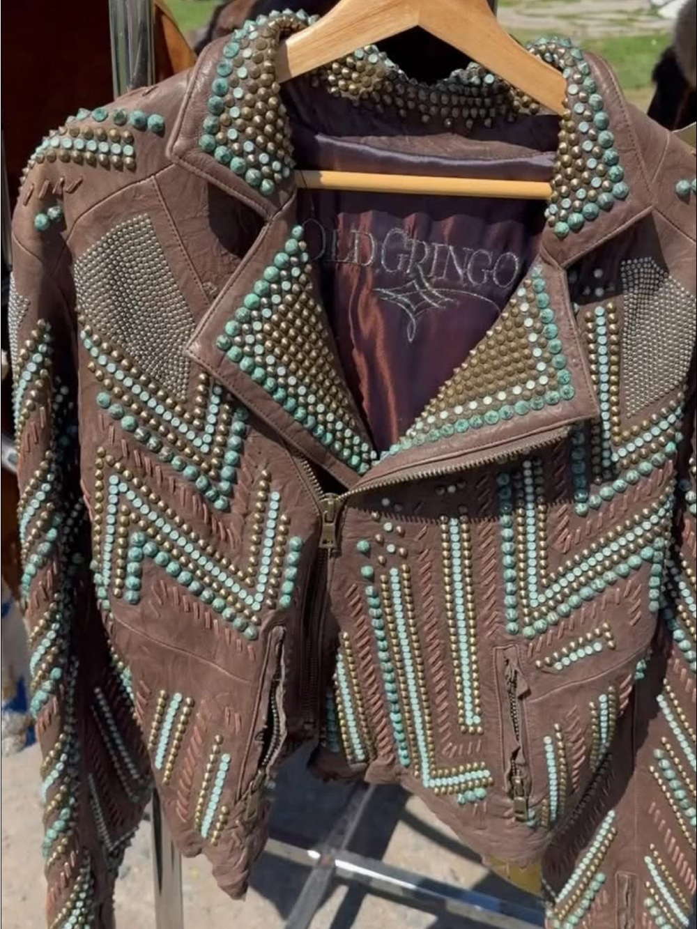 Old Gringo Brown Leather Jacket with Turquoise Studs